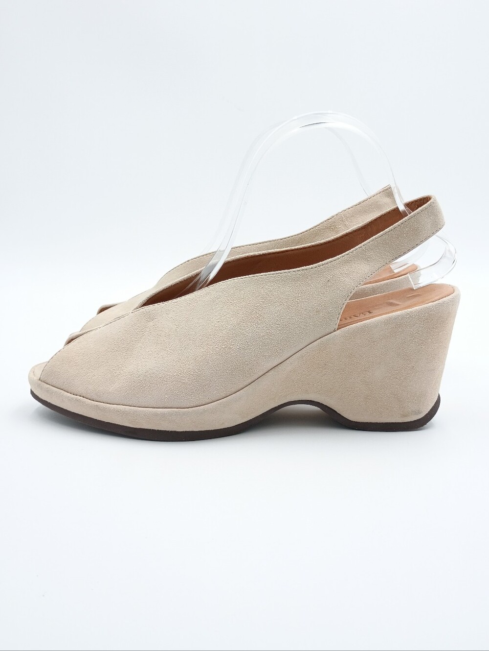 L'Amour Des Pieds Odetta Beige Suede Slingback Wedge Peep Toe Sandals Size 8.5